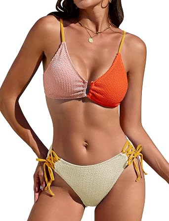 Sexy Push Up 2 Piece Bikini Sets for Women Cheeky High Cut Bathing Suit Color Block Textured U-Wire Swimsuit 2026