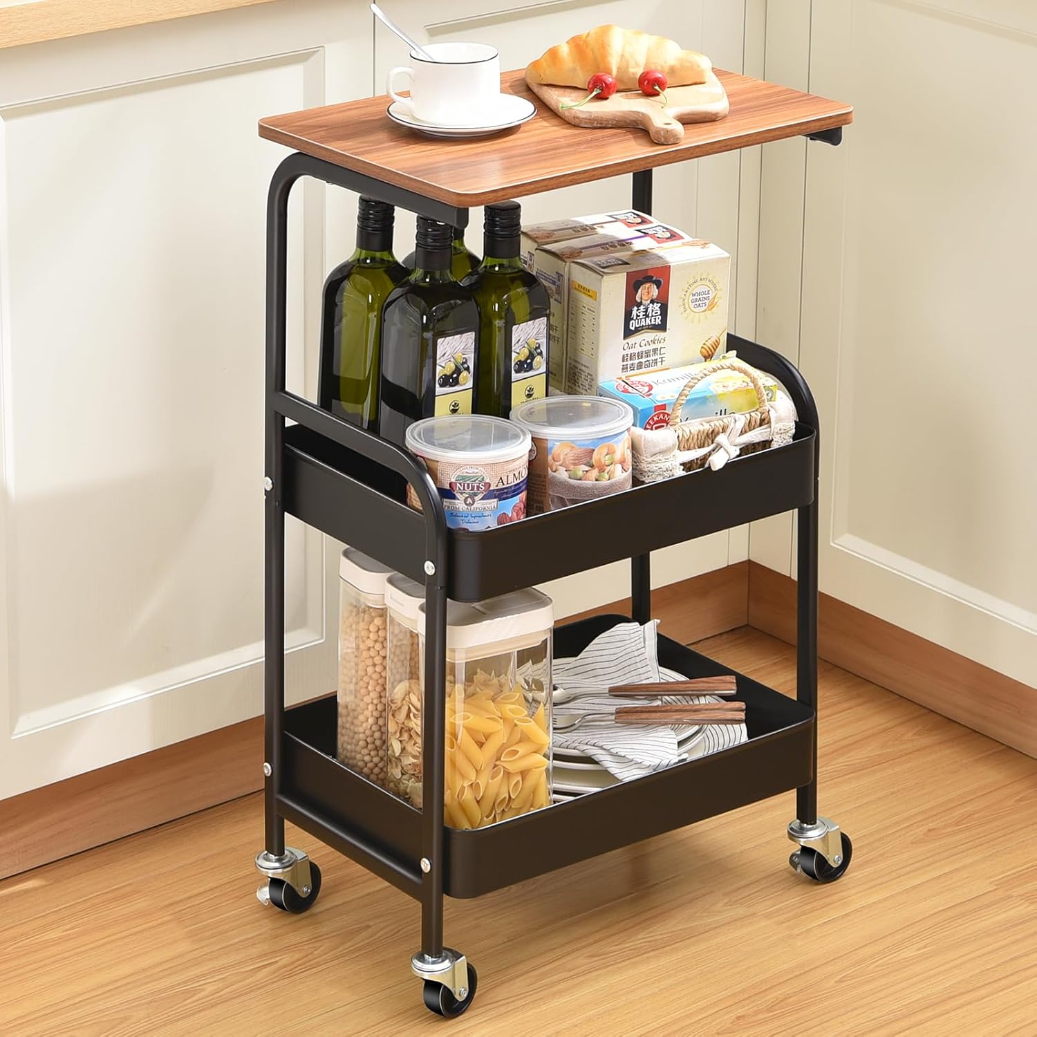 Amazon.com: TOOLF Metal Utility Cart with Wooden Table Top, 3-Tier ...