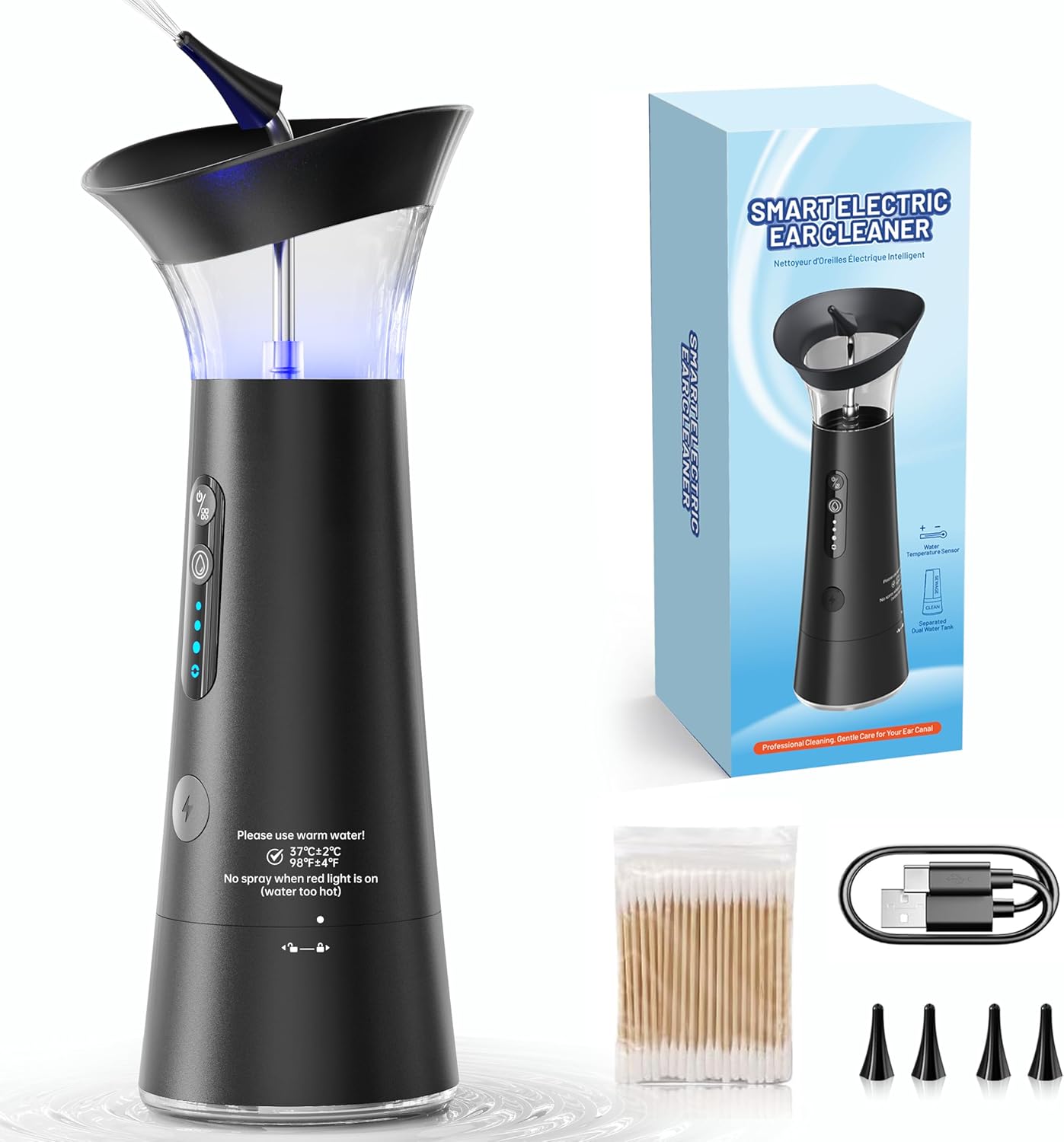 Electric Ear Wax Removal Kit - Ear Irrigation Cleaner with Dual Separate Clean & Waste Water Tanks, IPX6 Waterproof, Water Temperature Detection, Ergonomic Upright Rinse Design, 4 Replacement Nozzles