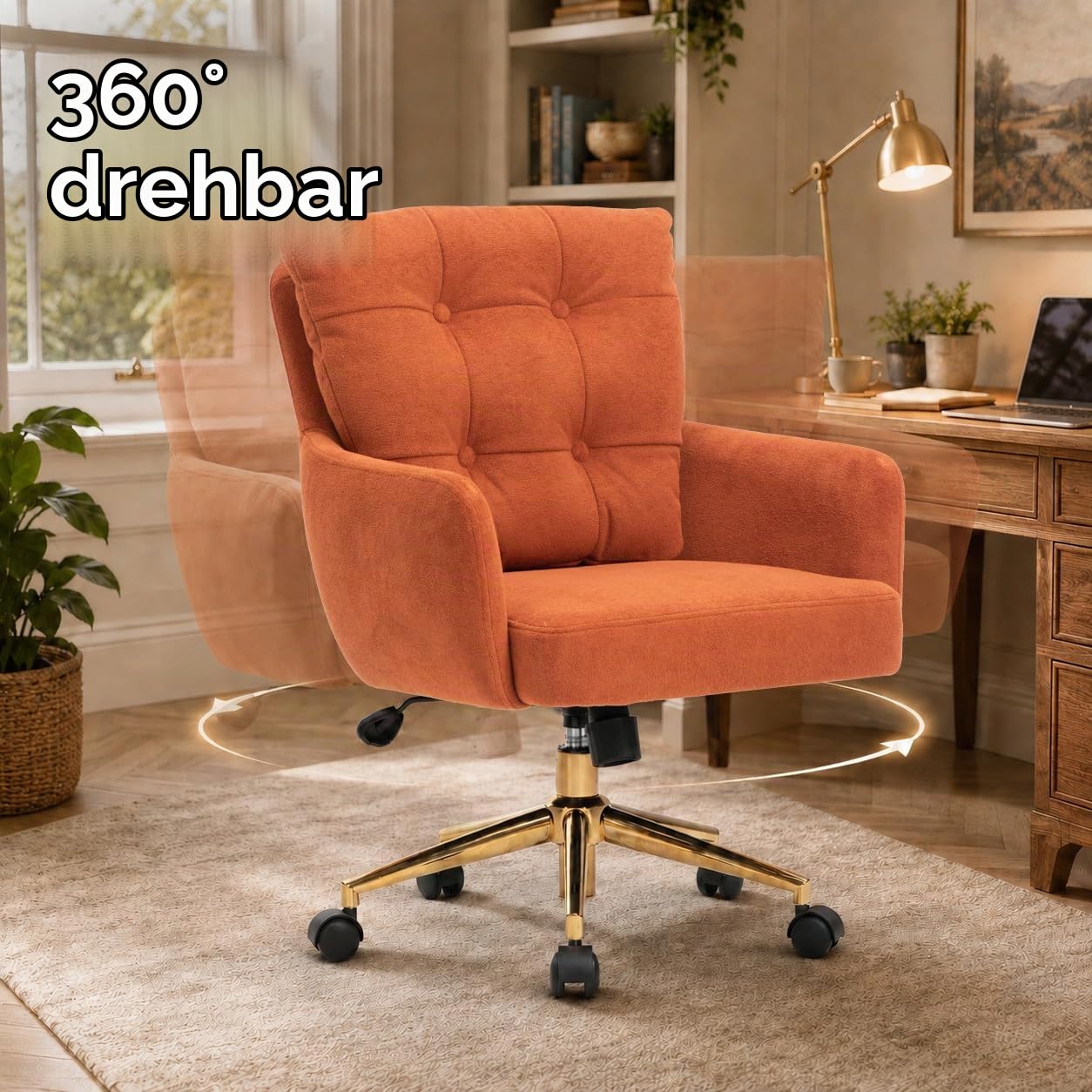 Schreibtischstuhl Polsterstuhl Samt, 360° Drehstuhl mit Rollen, Armlehnstuhl Höhenverstellbar mit Metallbeinen und Kissen, Bürostuhl (Orange)