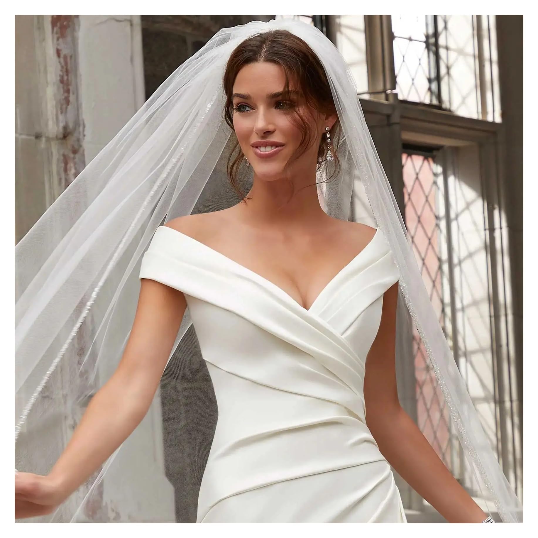 Luxuriöser langer Kathedralen-Hochzeitsschleier aus Kristallorganza, Brautschleier mit Strasssteinkante, 1 Ebene, weiche Accessoires(WHITE,300cm)