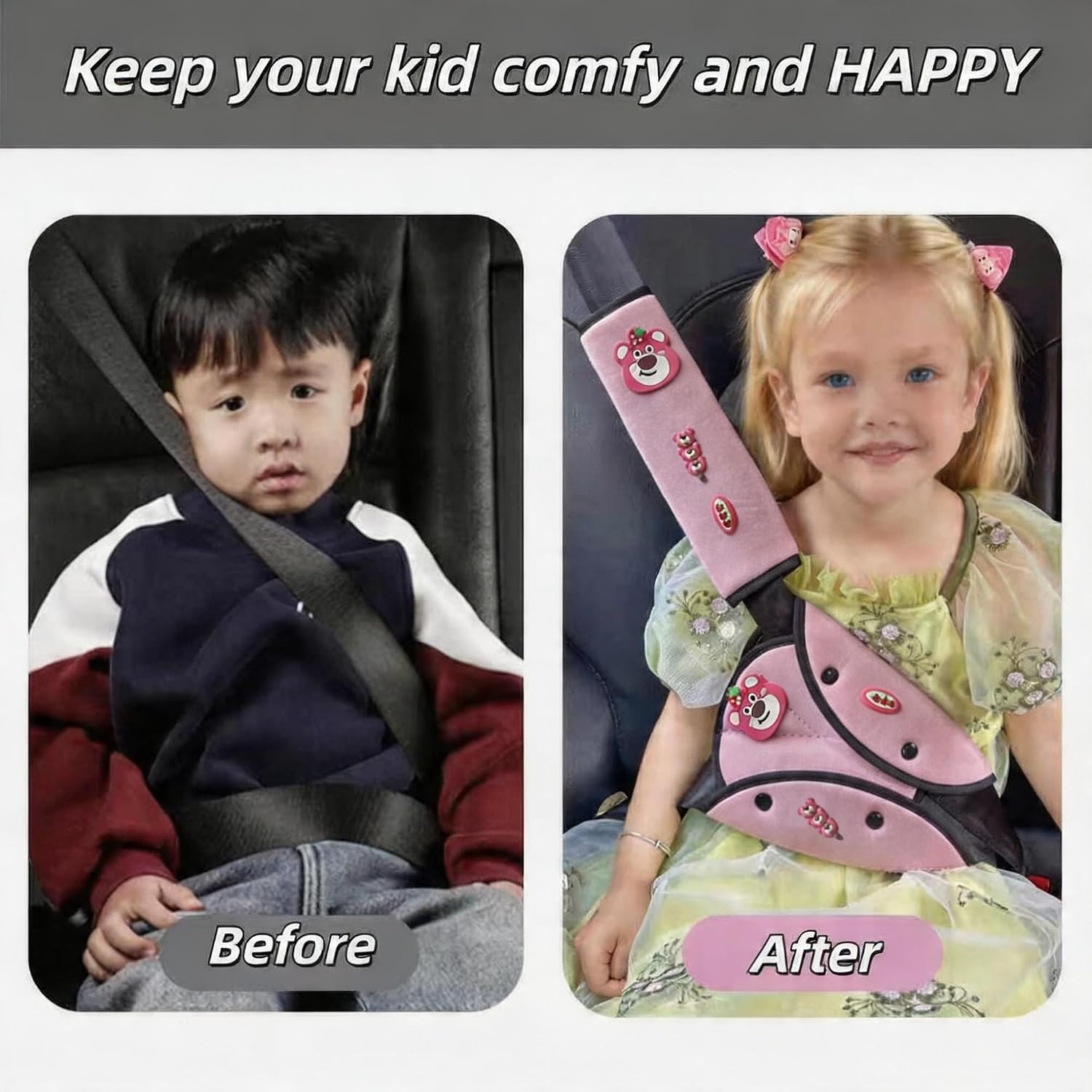 Universal Car Seat Belt Cover Pad, Soft Shoulder & Abdominal Cushion for Kids, 2-Pack Comfort Accessory for Travel (Strawberry Bear)
