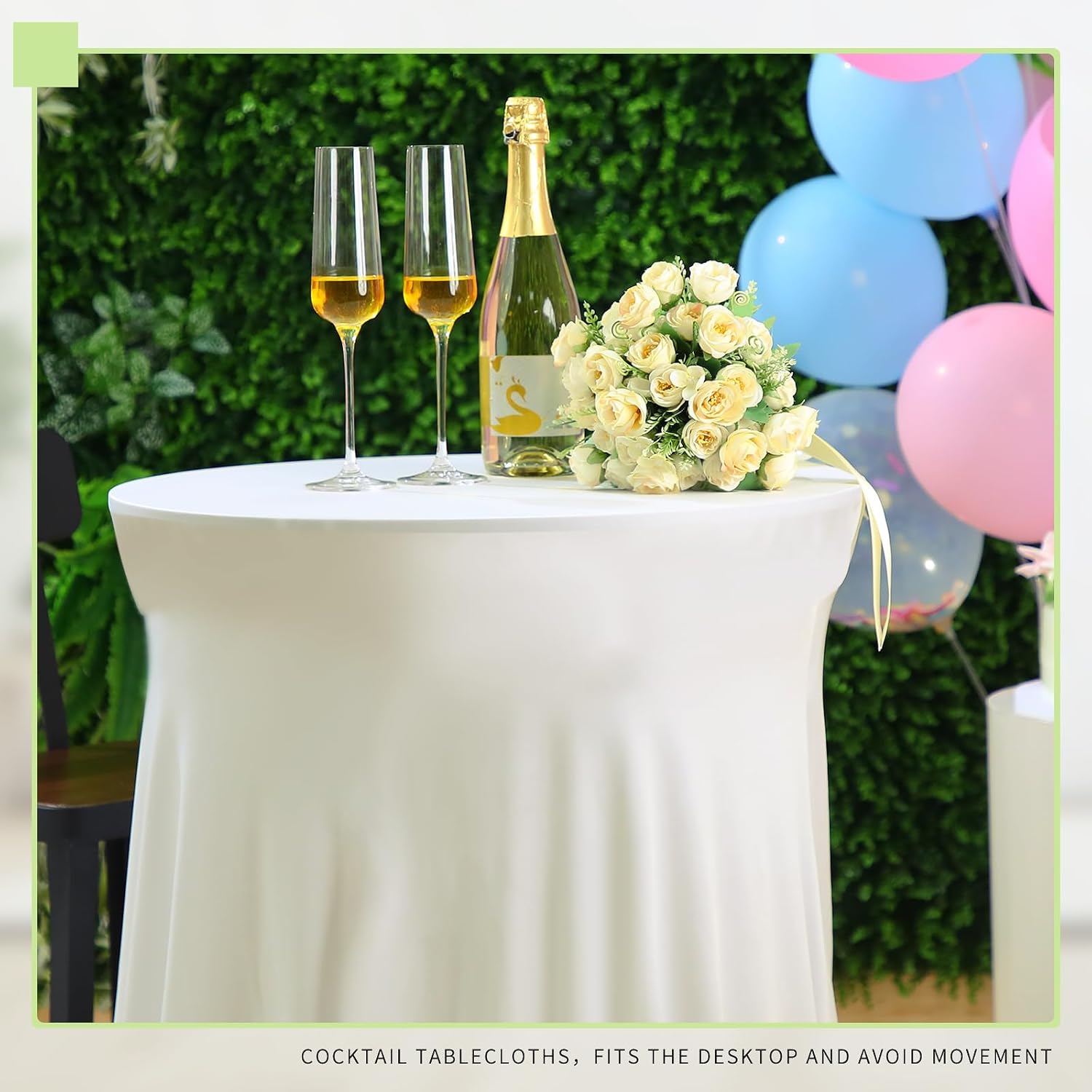 Tegeme 1 Pack 32 x 43 Inch Round Spandex Cocktail Tablecloths with Skirt Cocktail Round Table Cover Spandex Stretch Tablecloth for Fitted High Top Table Bar Wedding Party Banquet (Ivory)