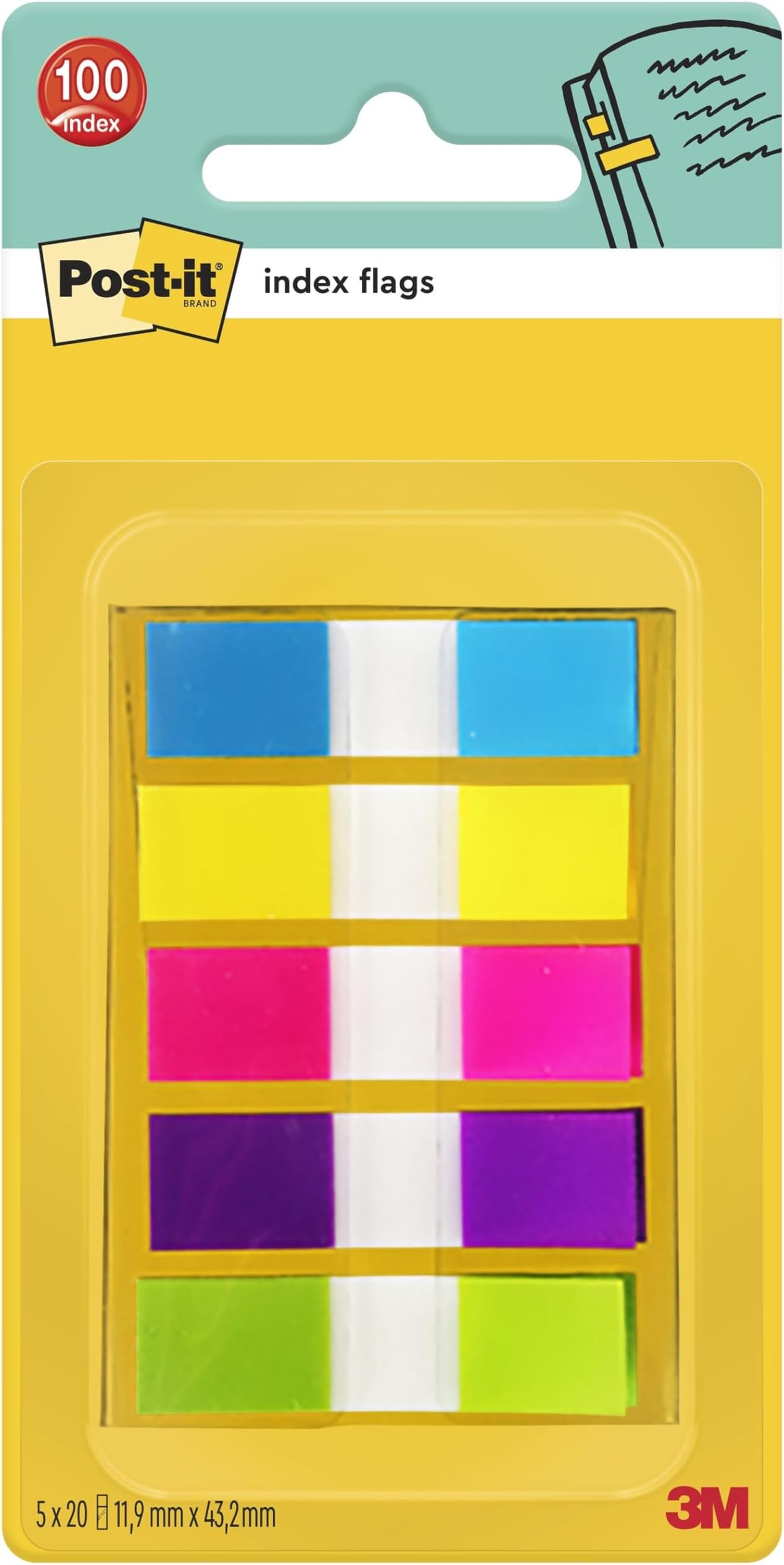 Post-it Index Small In a Plastic Dispenser, Assorted Bright Colours, 5 Packs of 20 Sticking Strips - To Mark, Highlight or Colour Code Important Information