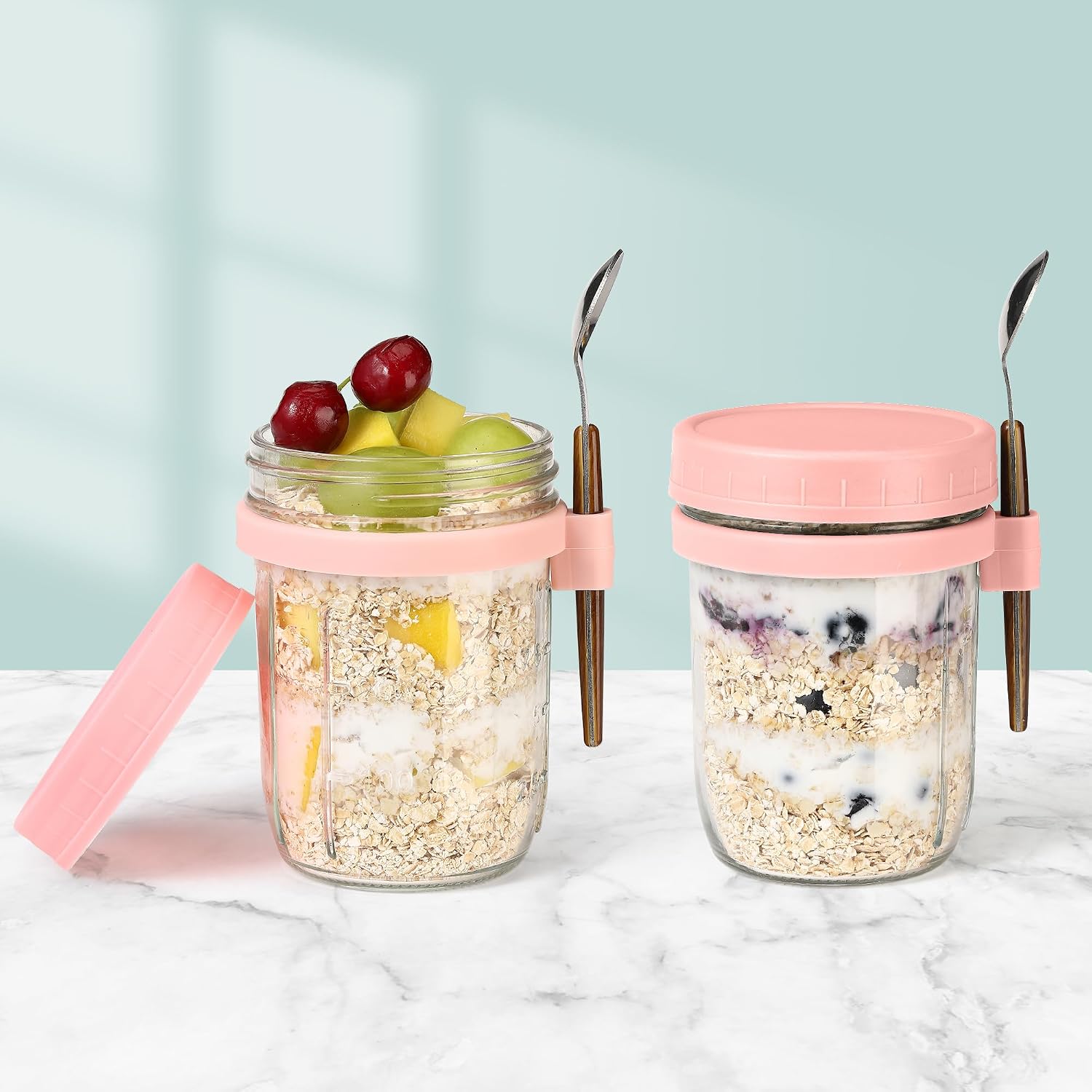 16oz Glass Mason Overnight Oats Jars, Cereal, Yogurt, Salad Lunch,Glass Overnight Oats Containers with Lids and Spoon, Container with Measurement Marks - (Pink-2Pcs)