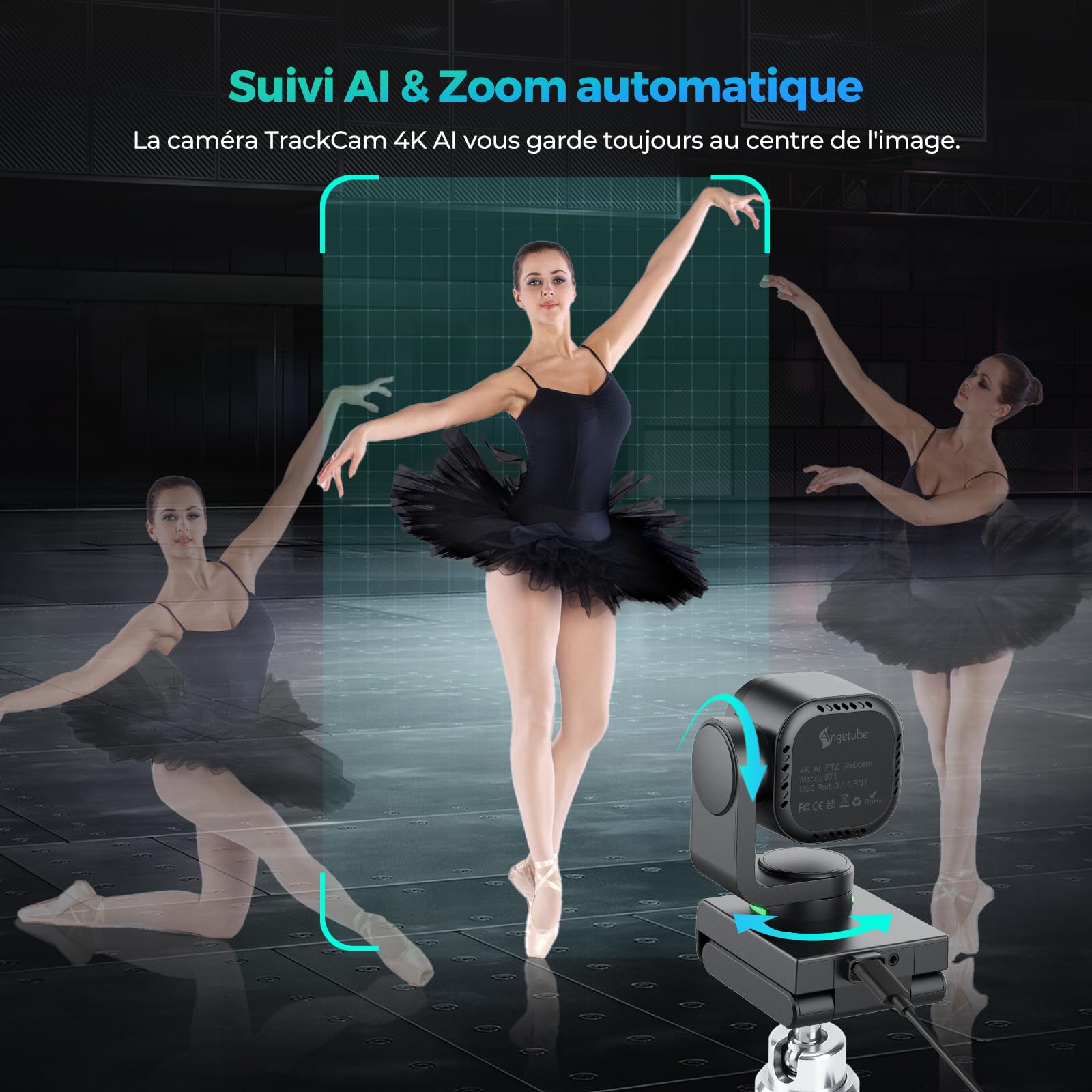 Angetube Webcam 4K avec contrôle par Geste et Suivi AI – caméra Streaming USB 3.0 avec Double Microphones et réduction du Bruit, autofocus TOF, 1080P 60FPS, HDR, pour PC, Ordinateur Portable et Mac