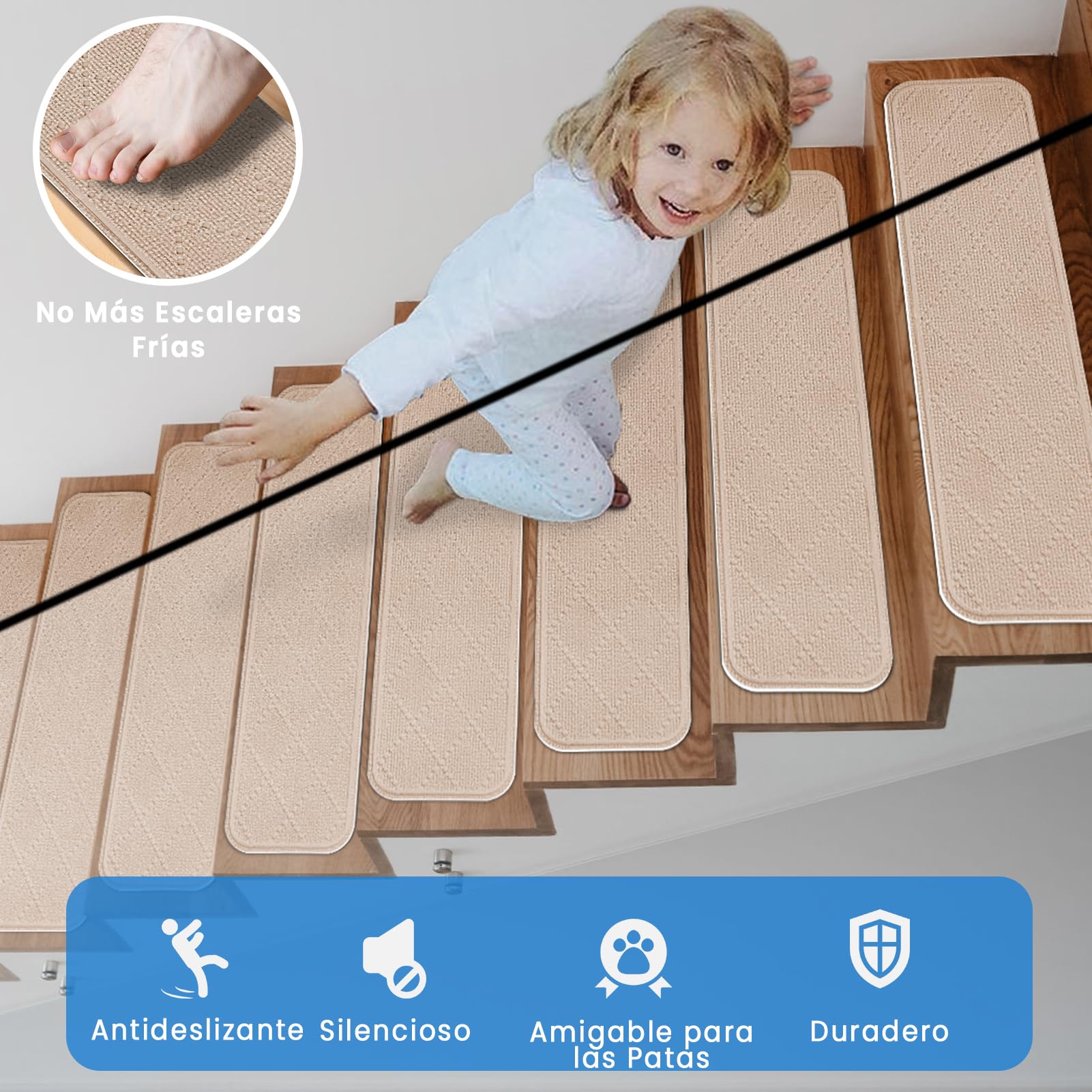 Alfombrillas para Escaleras Antideslizantes 76x20cm, 15 Alfombrillas Autoadhesivas Escalones Interiores, Recortables y Reutilizables - Protección para Mascotas, Mayores, Niños (Crema Beige)