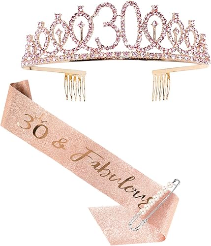 Faja y tiara para 30 cumpleaños para mujer, corona de oro rosa para cumpleaños 30 y fabuloso marco y tiara para mujeres, regalos de cumpleaños 30