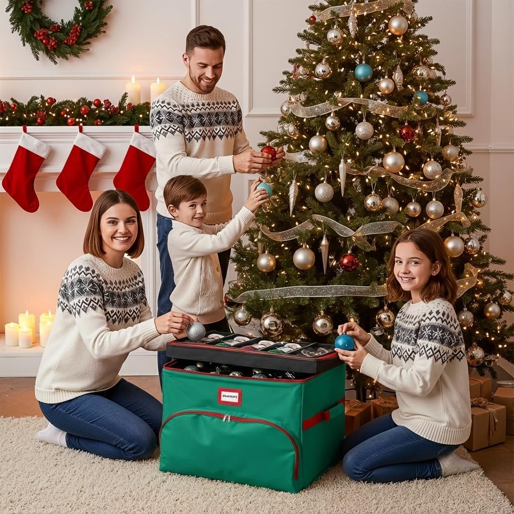 Christmas Nutcracker and Figurine Collectible Storage Box - Holds Up to 72 Ornaments 4” x 4” - Top Adjustable Compartments for Figurines, Nutcrackers, etc - Heavy Duty 600D/ Inside PVC Material, Green Green 72 - 4" Ornaments