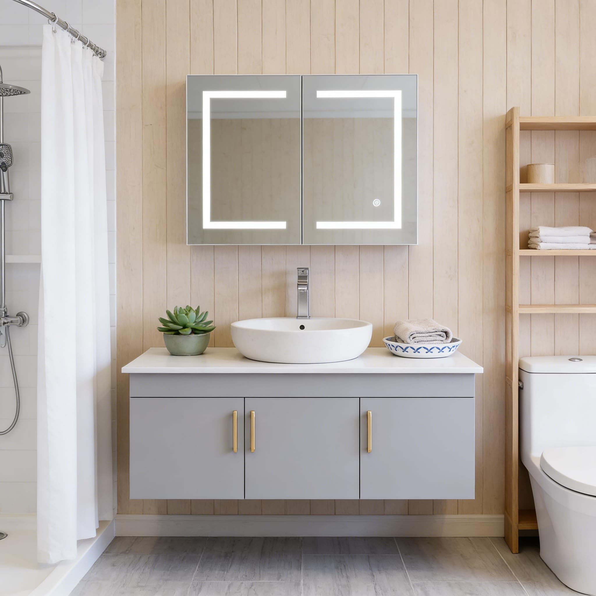 Armario con Espejo Baño con Luz LED, Armario de Baño con Estantes Ajustables, Espejo Inteligente baño con Interruptor de Sensor Táctil, Temperatura de Color Ajustable (60 x 80 x 14 cm)