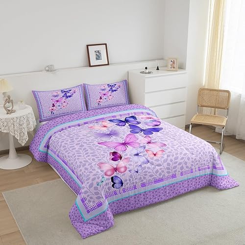 Miniatura 3 de Castle Fairy Juego de edredón de mariposas con flores moradas para niños, niñas, mujeres, adultos, plantas y hojas, juego de edredón acolchado con