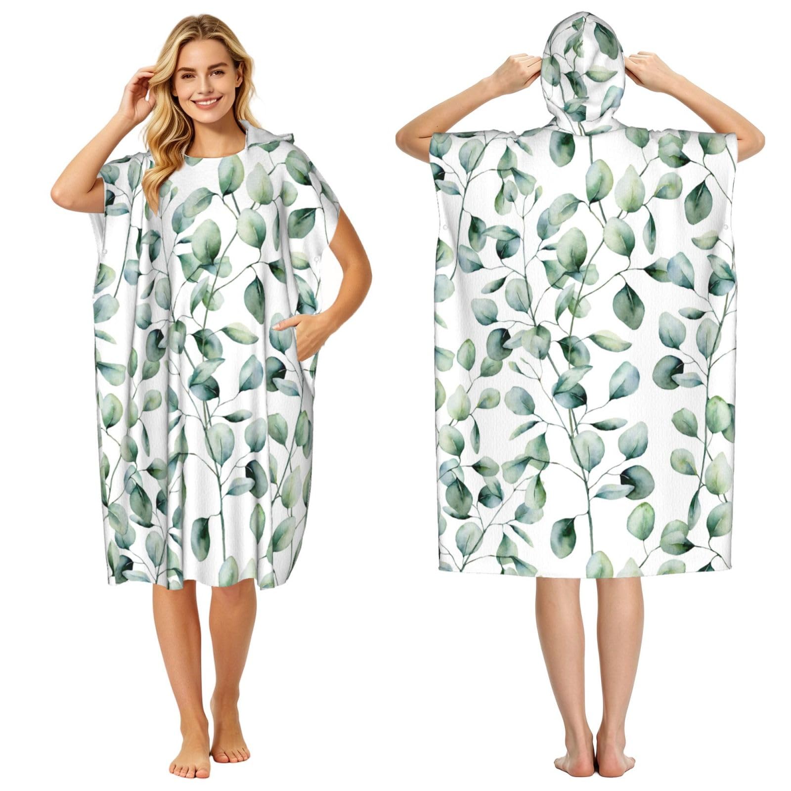 Poadnly Eucalyptus Leaves, Adult Hooded Beach Towel 90 x 110 cm,Changing Bath Robe, Surf Poncho Towel For Women Men