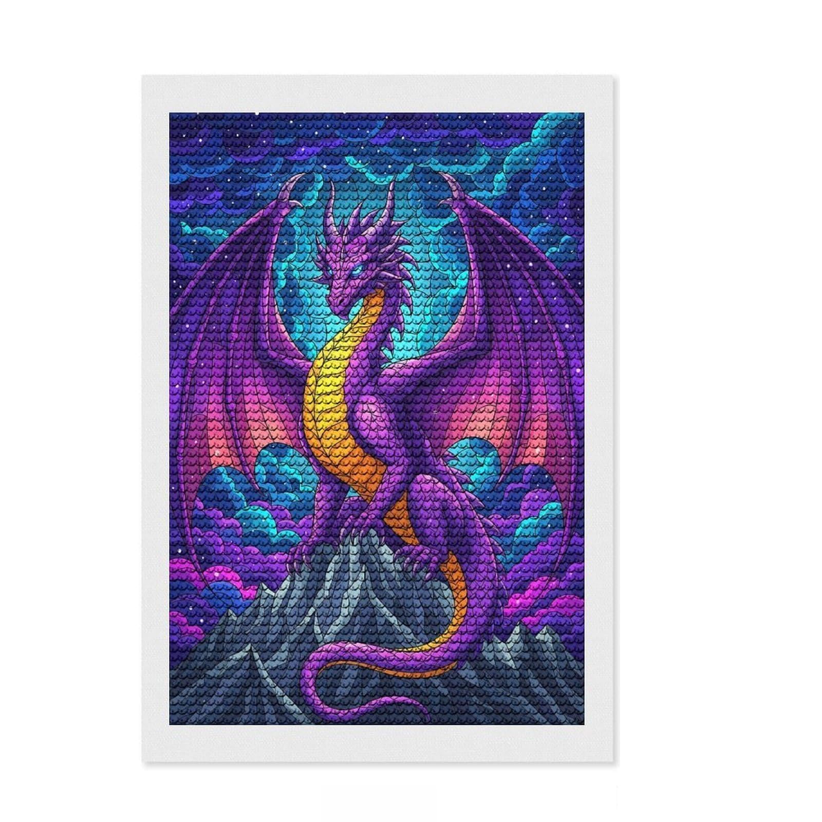 Junmoney Purple Dragon on Mountain Peak Diamond Style Art Kit 8"x12", Farmhouse Decor, Relaxing DIY, with Tool Kit, Thoughtful Present, DIY