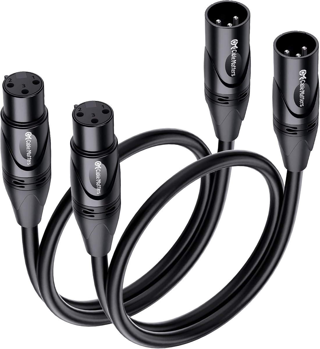 Cable Matters Paquete de 2 cables XLR a XLR premium, cable de micrófono, M-F, 1 pie | Cable de micrófono, macho a hembra, cobre libre de oxígeno (OFC) 21 AWG, negro