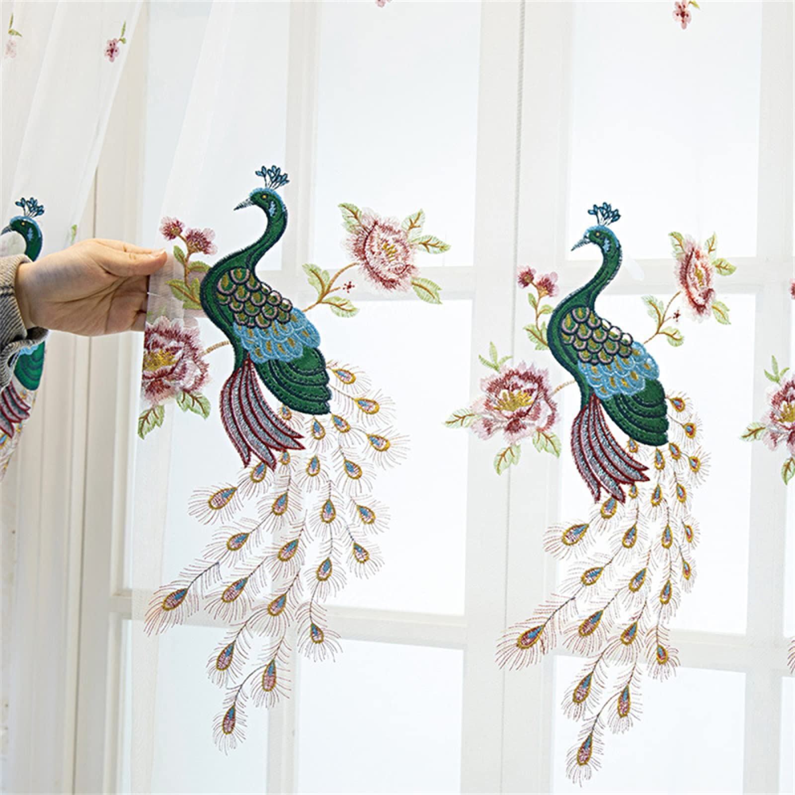 NCWANG Voile Curtain for Bedroom, Sheer Curtains for Living Room, Privacy Protected Curtain, Window Curtain Embroidery for Wedding Arch Party Set of 2, 55" x 95" Drop Colored Peacock