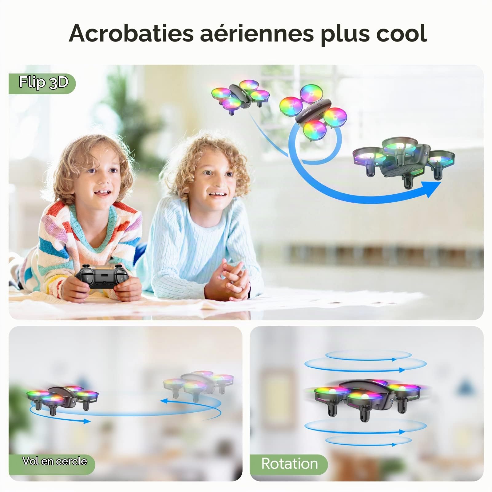Tomzon A23W Mini Drone Enfant avec Caméra 1080P à LED Lumière Coloré pour Enfant et Débutant, 2 Batteries 15mins Autonomie, Maintien d'Altitude/Mode Sans Tête/3D Flip/Auto-Rotation/Vol-Circulaire Noir