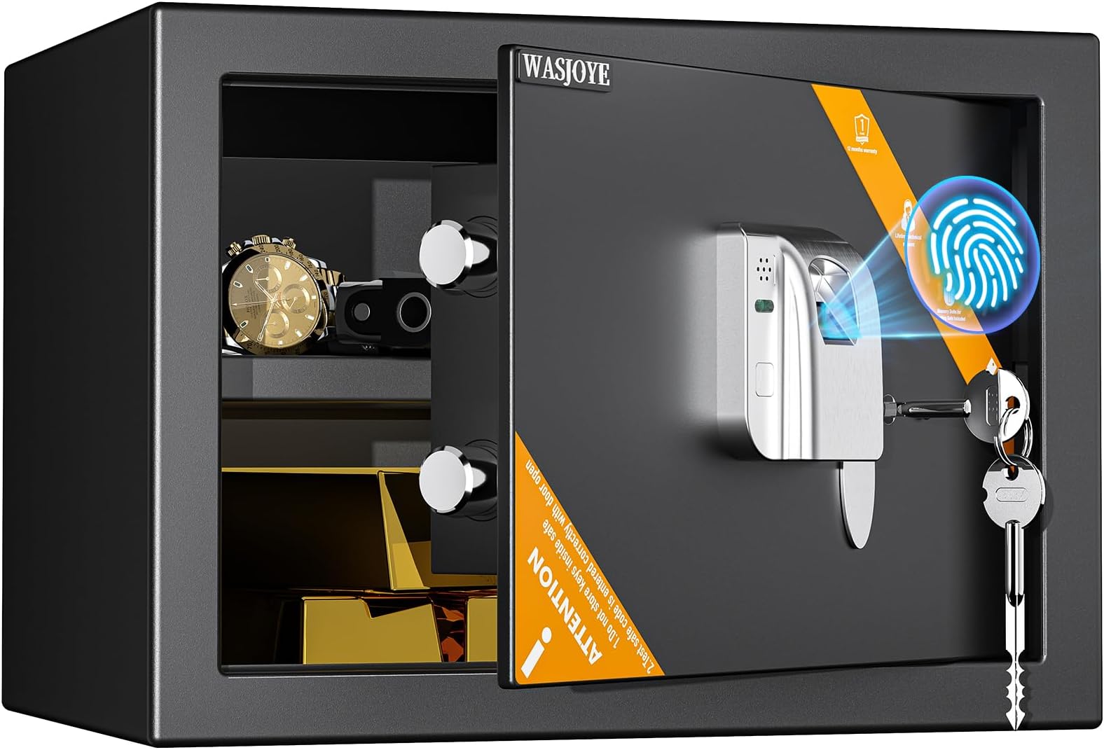 WASJOYE Smart Fingerprint Biometric Safe Box - 1.2 Cubic Feet Fireproof Safes with Finger Biometric Key-Lock, Security Safes Lock Box for Home Office Business Hotel Document Valuables Storage