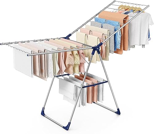 Miniatura 10 de Tendedero de ropa con alas ajustables en altura, soporte plegable de metal para secadora de ropa y ropa de cama, plegable independiente
