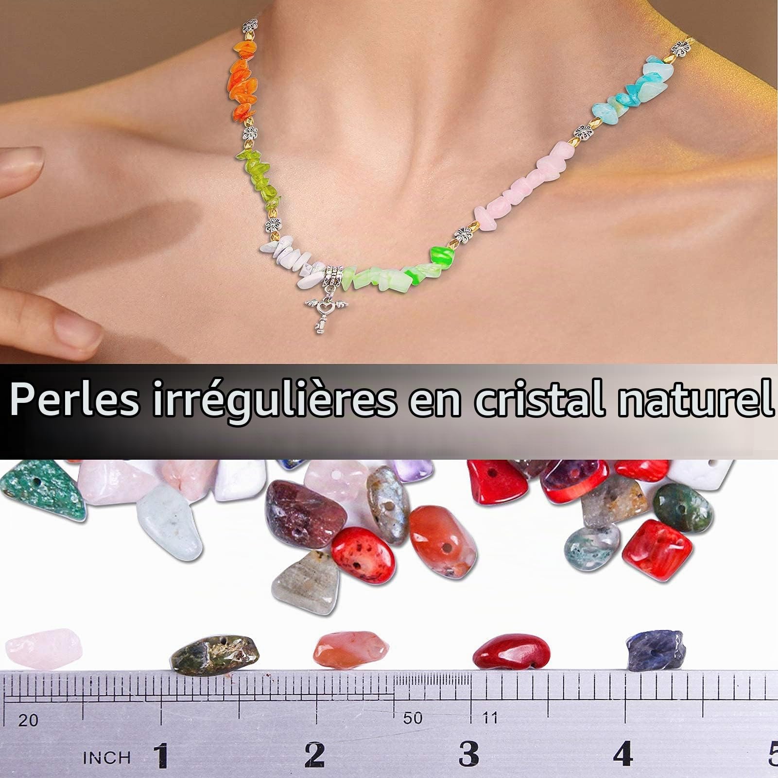 Colle Lot de Perles de Petites Pierres Précieuses Irrégulières - Pierres Naturelles de Guérison - Perles en Vrac pour la Fabrication de Bijoux, Collier, Bracelet, Bague (15 couleurs)