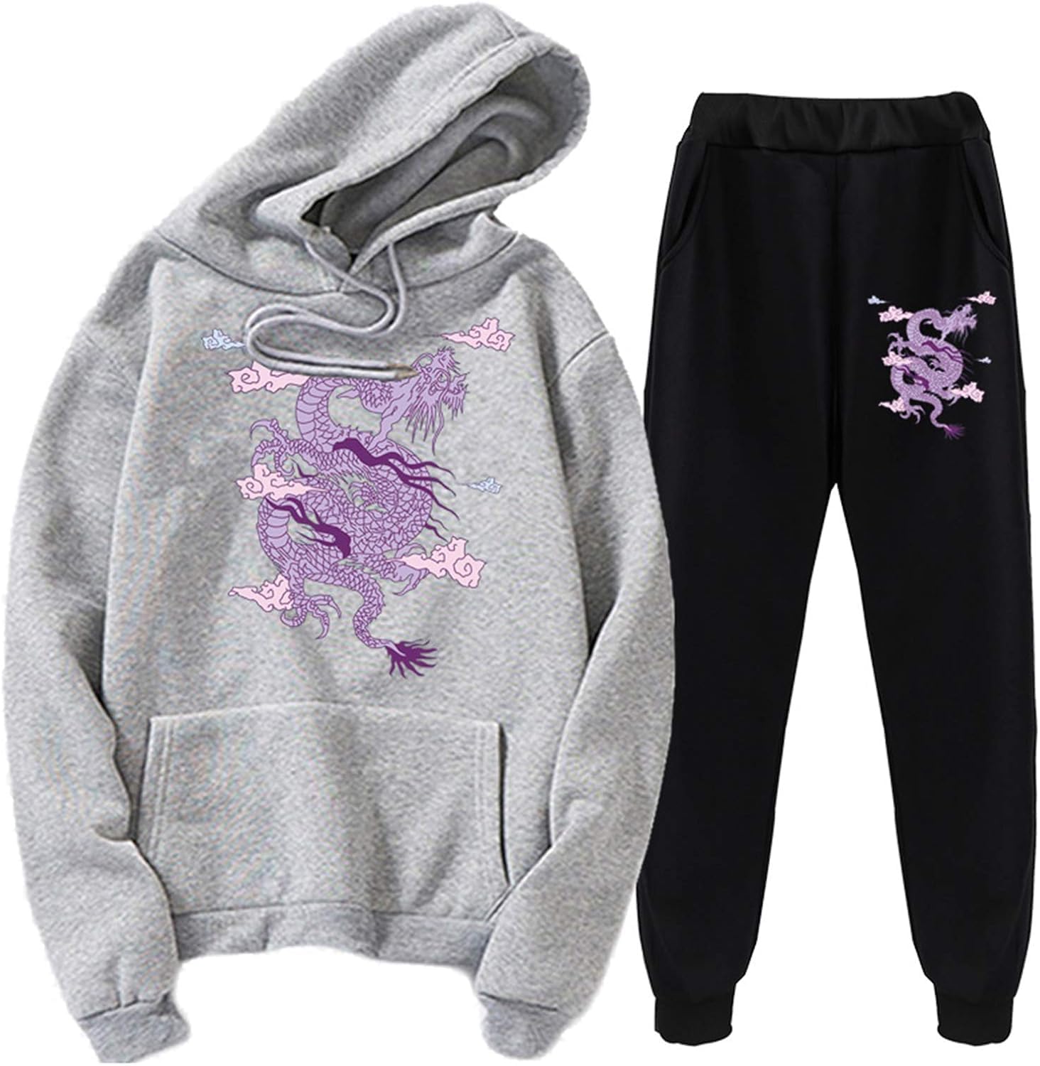 Chinese Dragon Print Tracksuit Set Unisex Dragon Hoodies Sweatshirt & Jogger Pants Two Piece Set (XL,Grey 1)