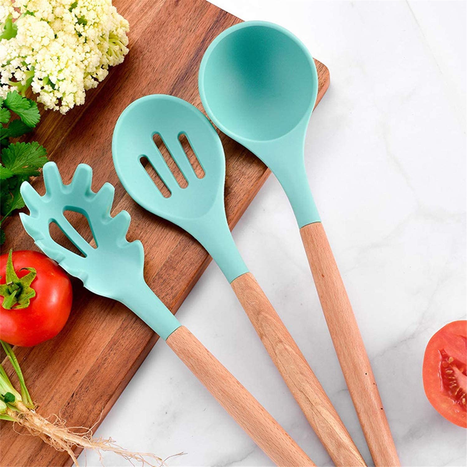 HUBEI 12-teiliges Silikon-Küchenutensilien Set – Mit Holzgriff, Hitzebeständig Bis 230°C, BPA-frei