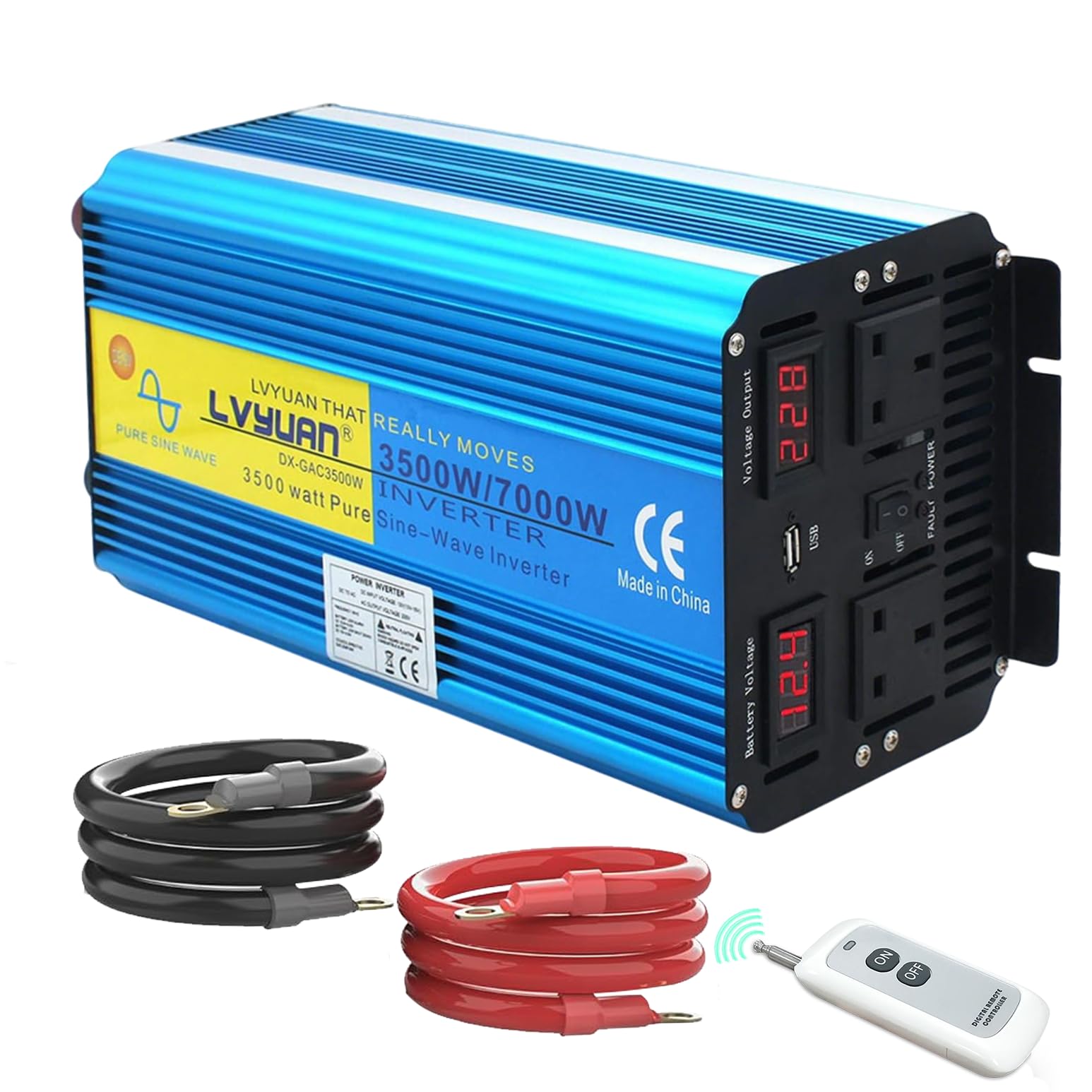 Yinleader Power Inverter 3500W /7000W Pure Sine Wave DC 12V to AC 230V/240V converter with wireless remote controller & dual AC outlets & USB for RV Truck Car