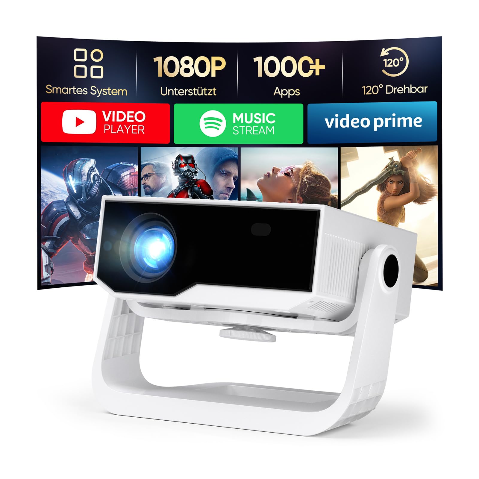 Wielio Upgrade Smart Beamer,integrierter App, Unterstützung 4K,WLAN&BT Projekto, 120° verstellbarem Ständer, vertikale Trapezkorrektur und elektronischer Fokus Heimkino Beamer für Handy/PC