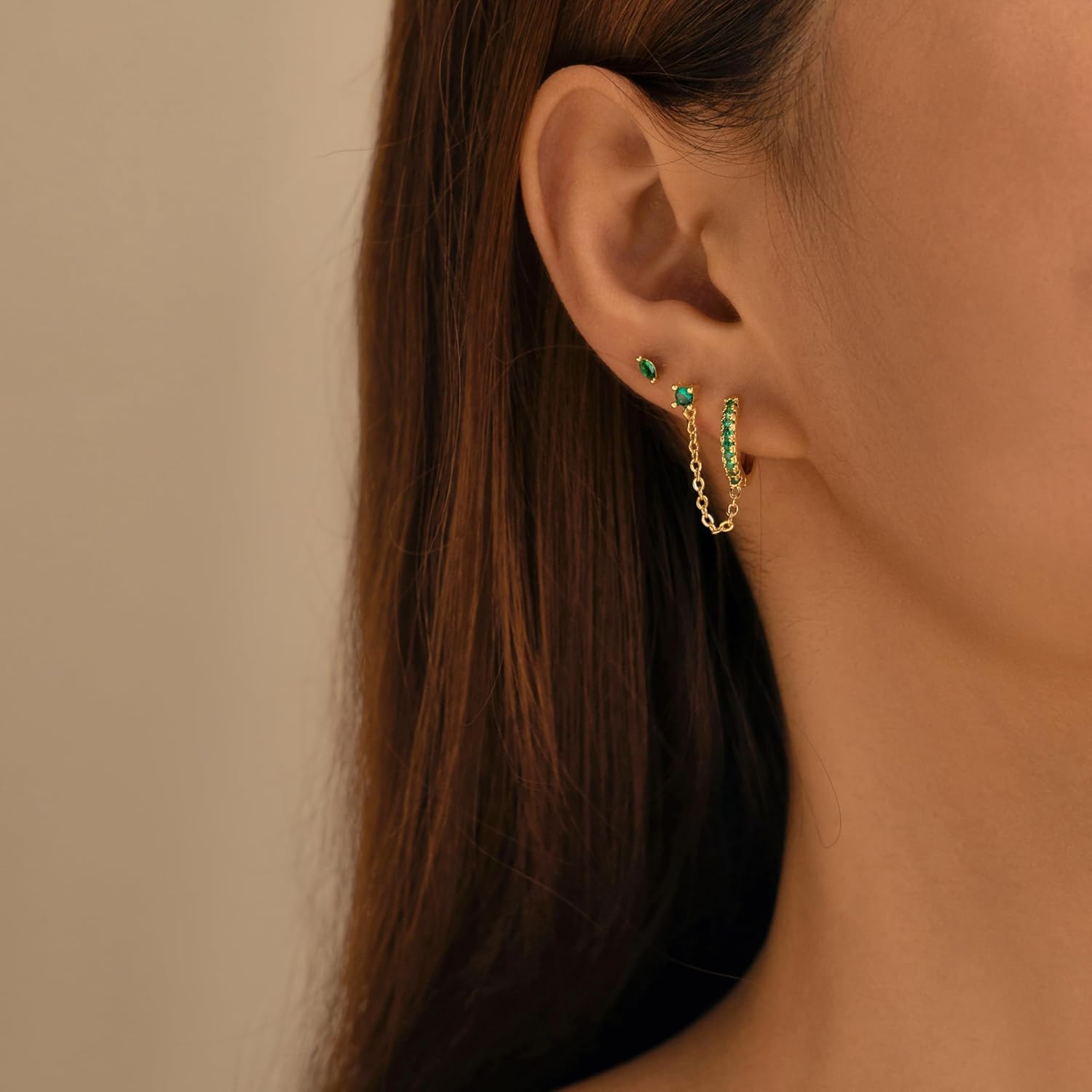 LOFITOR 5 Pairs Sterling Silver Post Stud Hoop Earrings Set Dainty 14k Gold Plated Earrings for Women S925 Green CZ Cartilage Stud Huggie Earring for Multiple Piercing Small Earring Stacks - Image 6