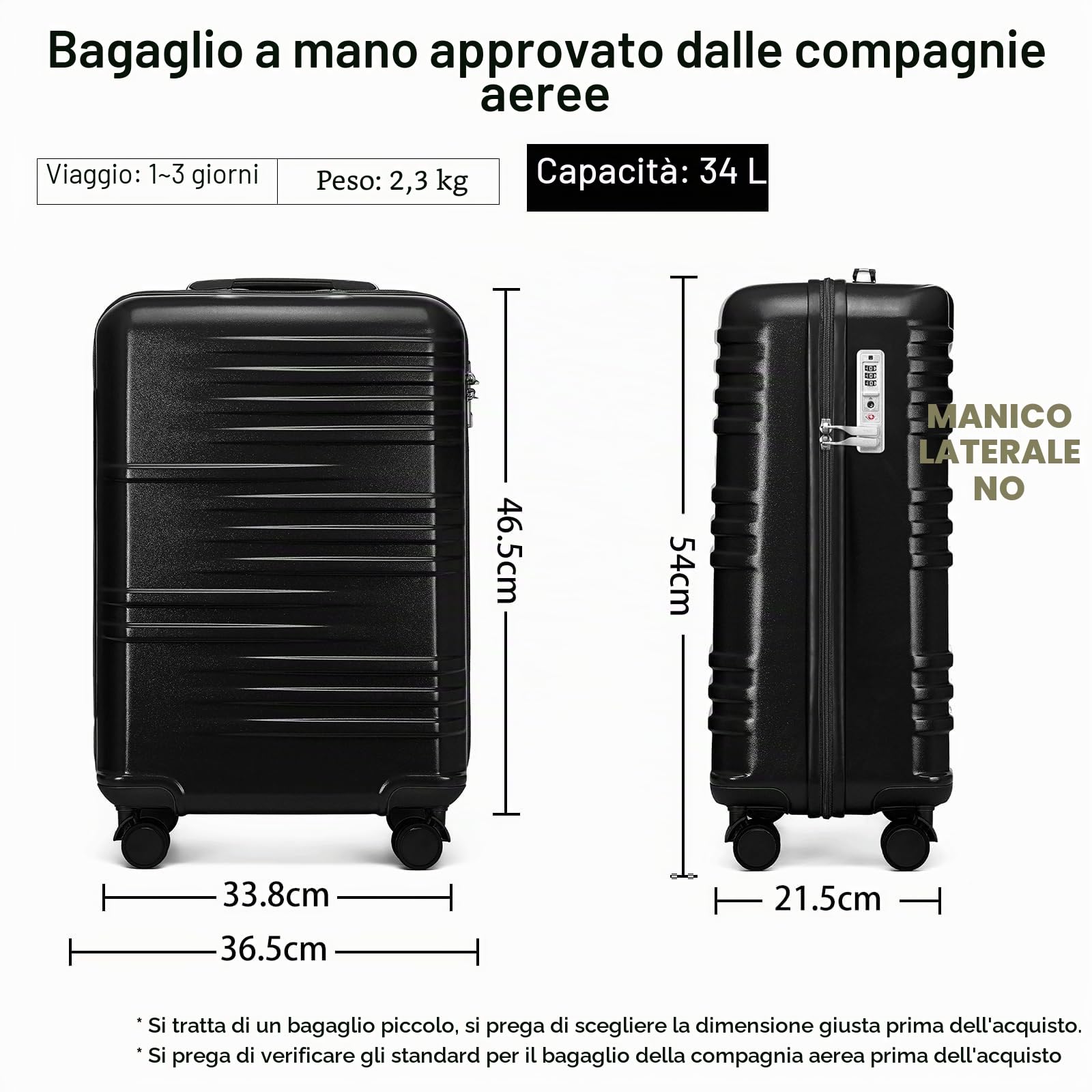 British Traveller Valigia Trolley Rigida Bagaglio a Mano da Viaggio ABS+PC Leggero con TSA Lucchetto (54cm,Nero)
