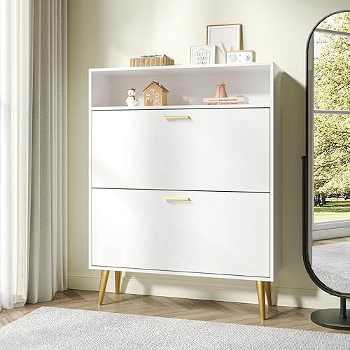 Vista 55 de JOZZBY Zapatero de almacenamiento para entrada, organizador de zapatos delgado y estrecho independiente con 2 cajones abatibles, zapatero de madera