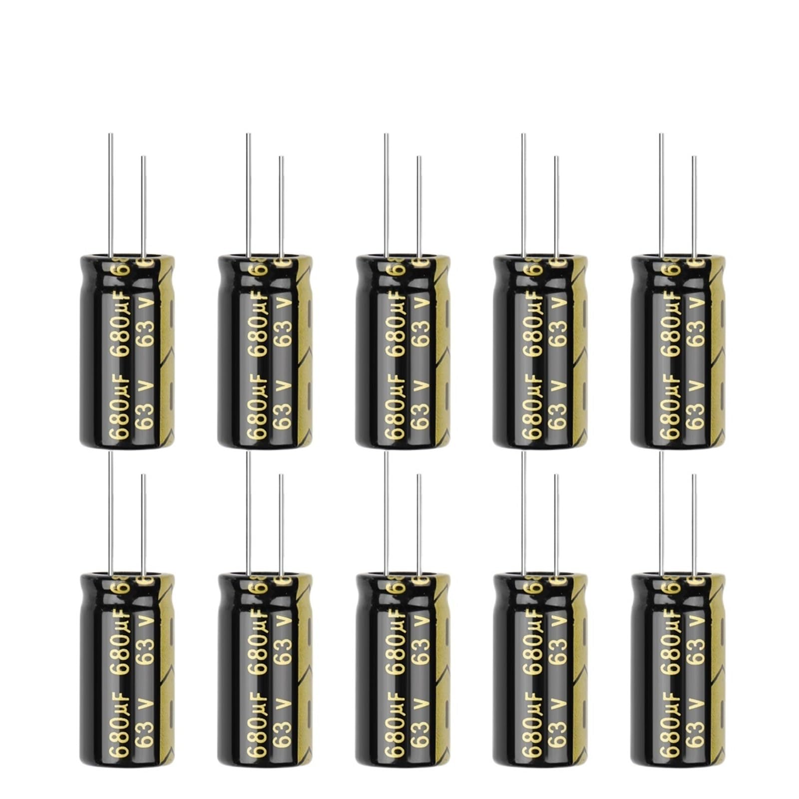 Kit de 10 condensadores electrolíticos de aluminio de 680 UF, 63 V, 680 UF, 13 x 25, surtido de condensadores de baja frecuencia y alta frecuencia.