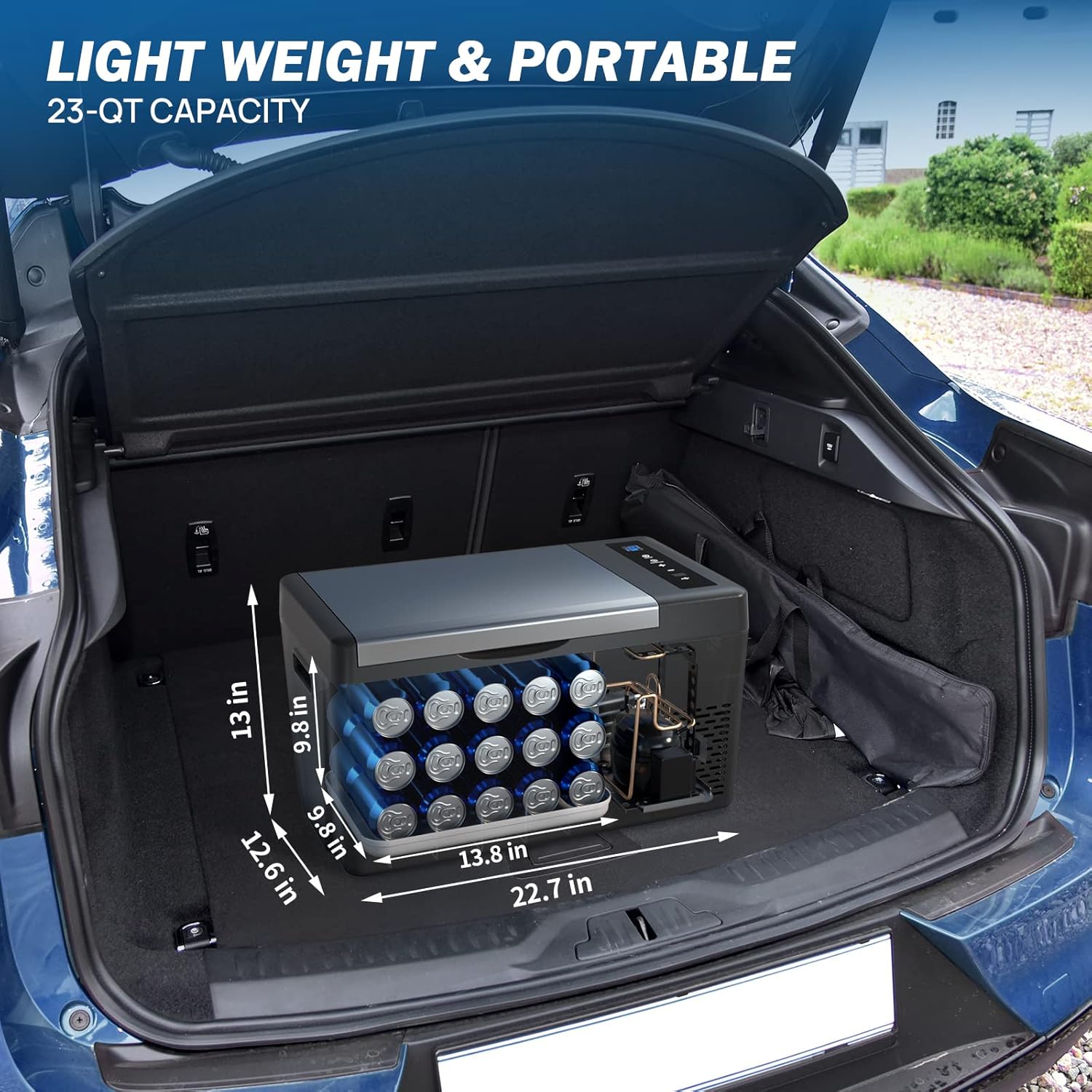 Portable fridge with dimensions overlay