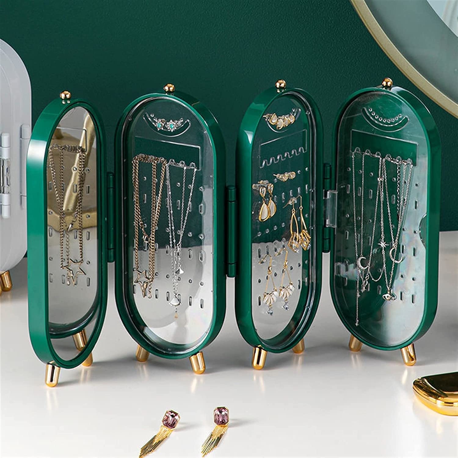 Ohrringhalter Ständer, Faltbare Schmuckschatullen für Frauen, 4 Türen Acryl Schmuck Display Rack Schmuck Reisekoffer mit Spiegel zur Aufbewahrung von Ohrringen, Halsketten, Ringen.