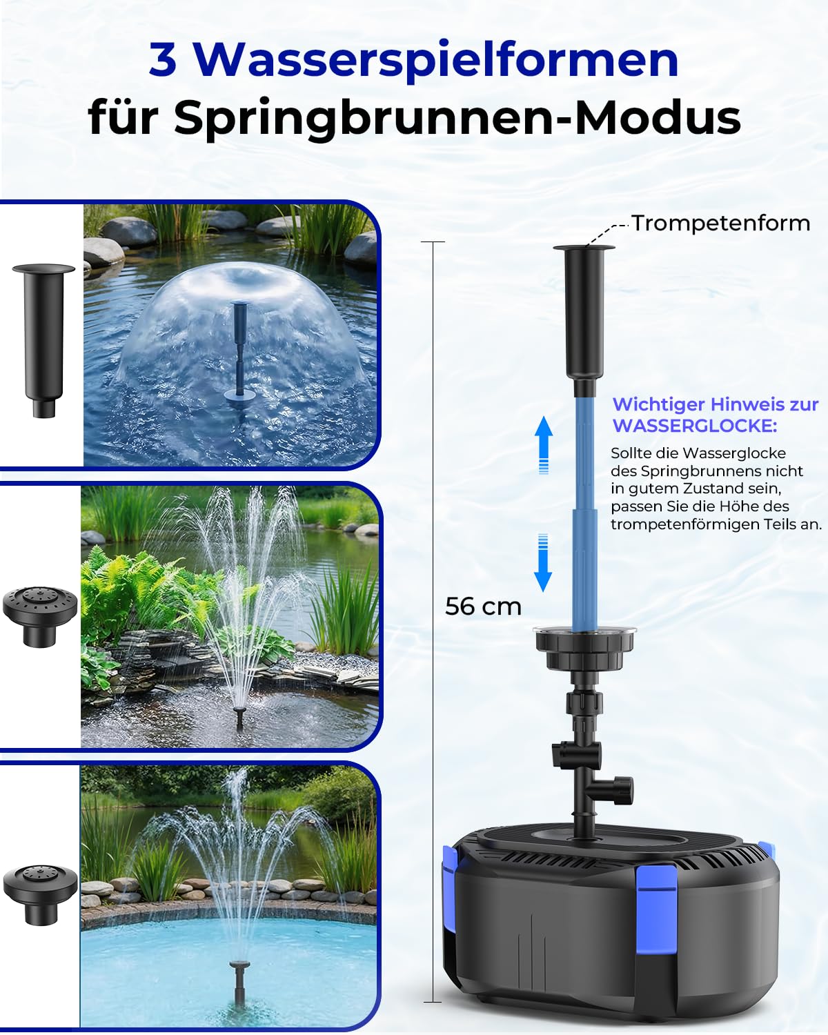 Hitauing All-in-One Tteichpumpe 3000 L/H 40W mit automatischer bunter LED, Teichpumpe für Außen mit 3 Sprühbildern, Springbrunnen-Set mit Wasserpumpe für Garten, Wasserspiele, Vogeltränken