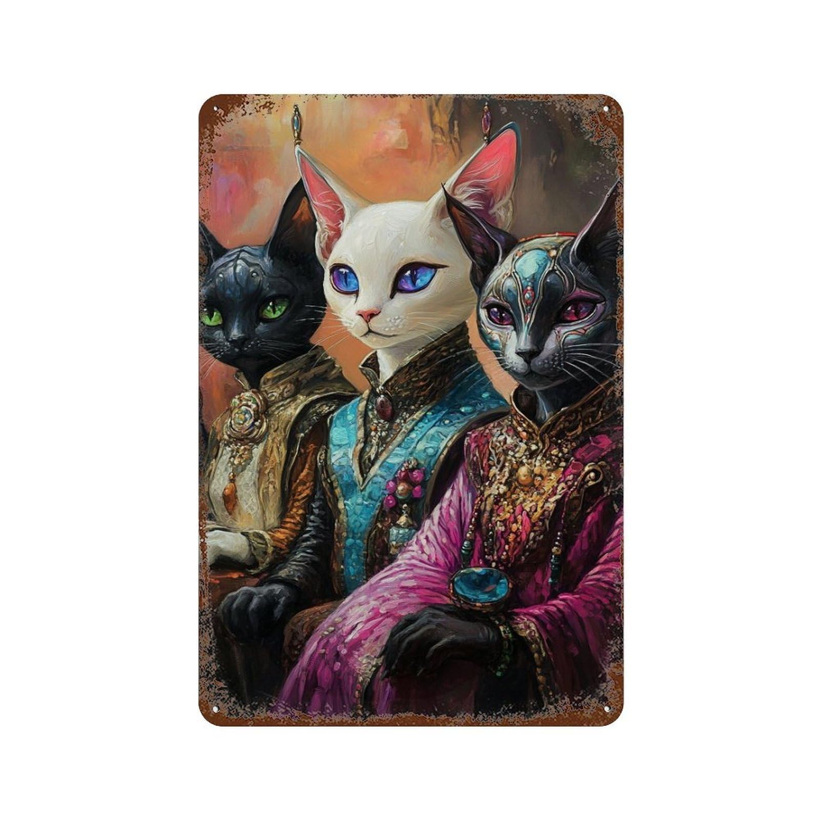 Royal Feline Gathering 11.8"x7.9" Rusty Metal Tin Sign, Shabby Chic Decor for Bistro, Counter And Cafe Decor