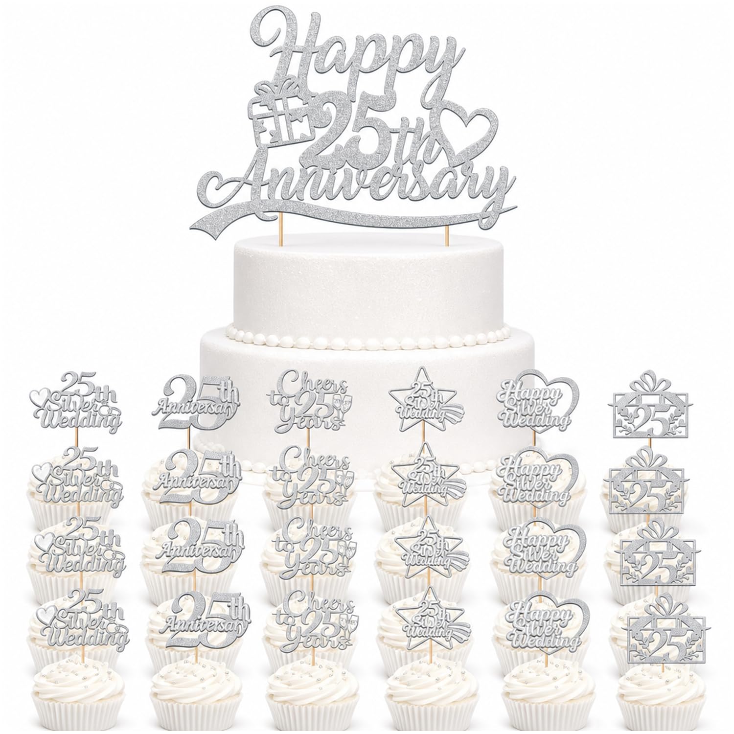Luvart 25th Wedding Anniversary Decorations - Silver Wedding Anniversary Decorations, Cake Toppers Set with 1 Large Cake Toppers 24 Cupcake Toppers