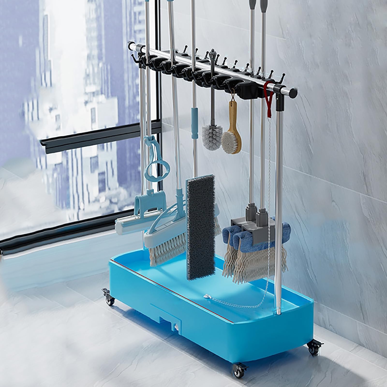 Support de balai et rangement mobile pour organiser les outils de nettoyage du garage