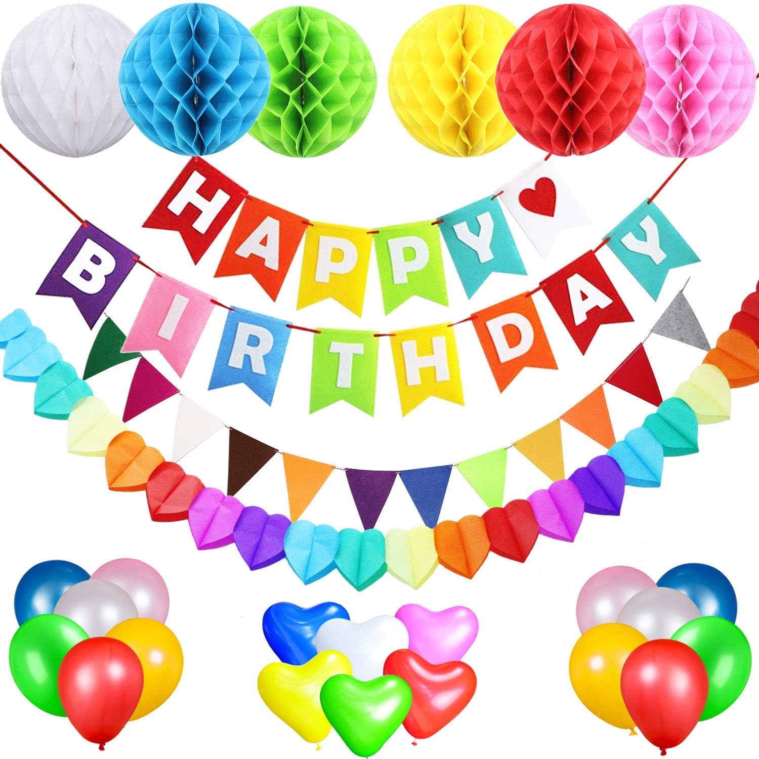 AceLife Birthday Decorations Party Supplies for Boys and Girls, Happy Birthday Banner Flags, 6 Colorful Tissue Paper Pompom Balls, 18 Balloons, Heart Garland & Bunting for Kids and Adults
