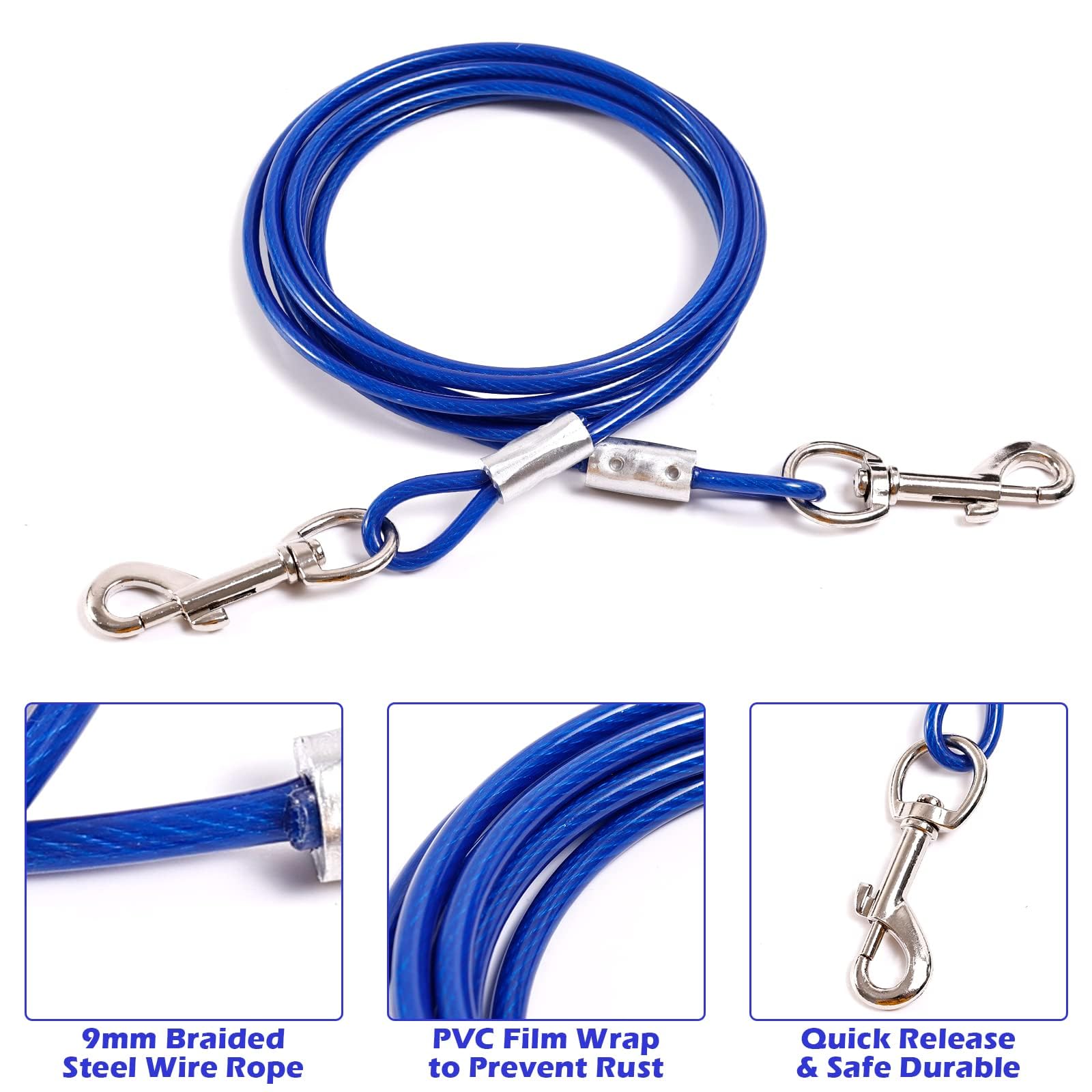 Ancrage en spirale bleu de 40 cm avec câble en acier de 5 mm x 3 m - Ancrage au sol à visser - Force de traction 80 kg - Pour chiots, animaux domestiques et chiens de taille moyenne - Accessoire pour