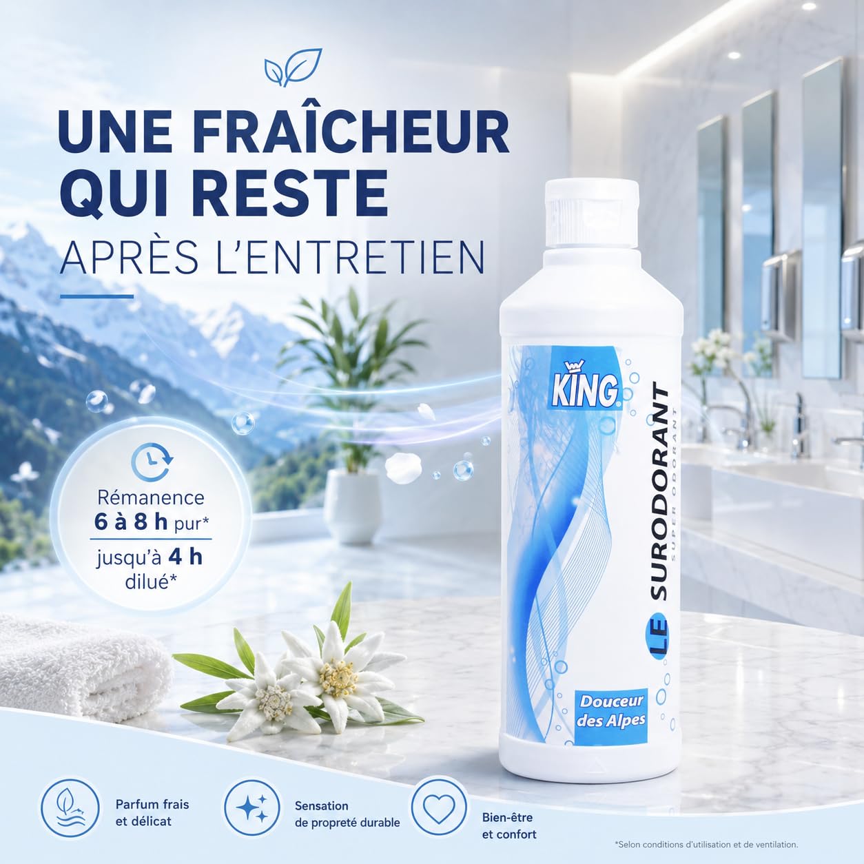 KING Surodorant Douceur des Alpes 500 Ml | Concentré – pur ou dilué – sans rinçage – odeur rémanente plusieurs heures – WC sanitaires poubelles espaces collectifs