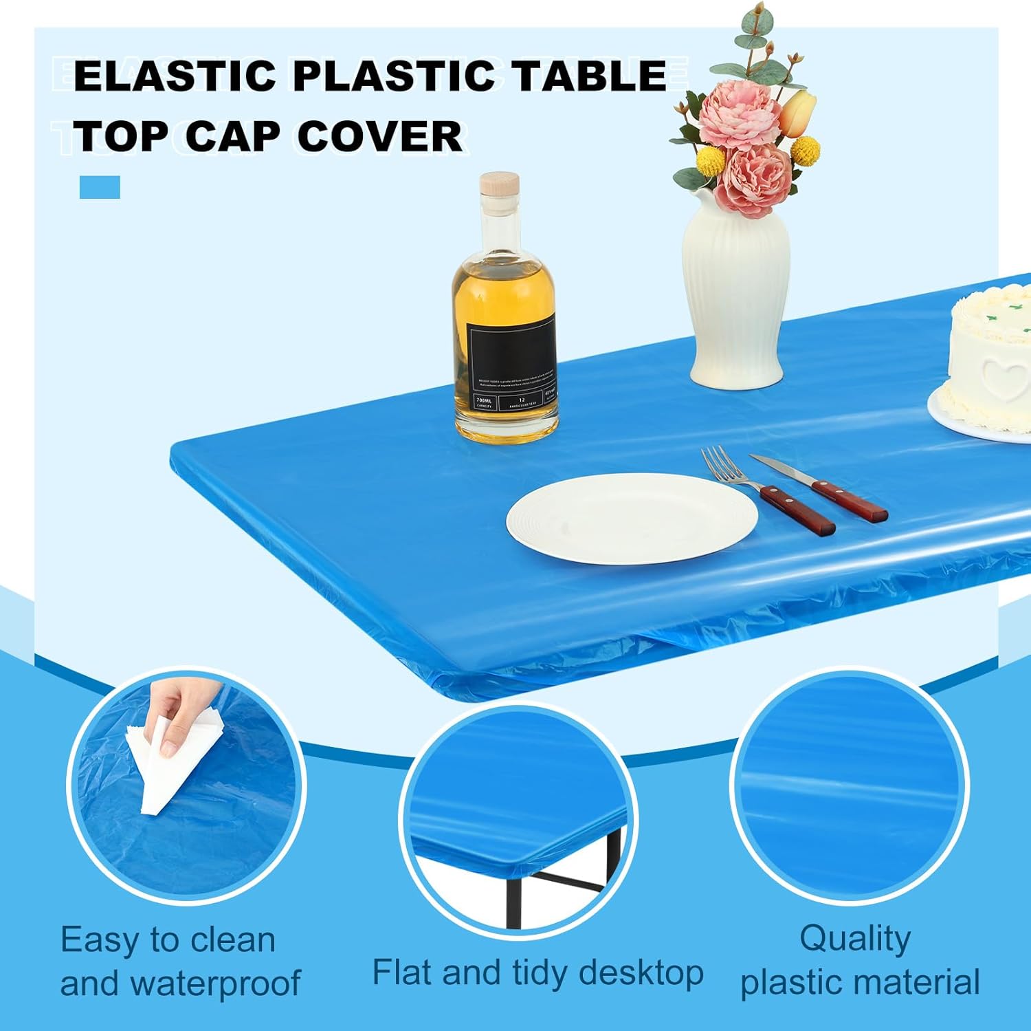 Boao 24 Pcs Summer Plastic Table Cloth Rectangle Picnic Table Covers Elastic Fitted Tablecloth, Disposable Waterproof for Camping, Indoor, Outdoor, Folding Tables (Blue,6 Ft, 72 x 30 Inch)