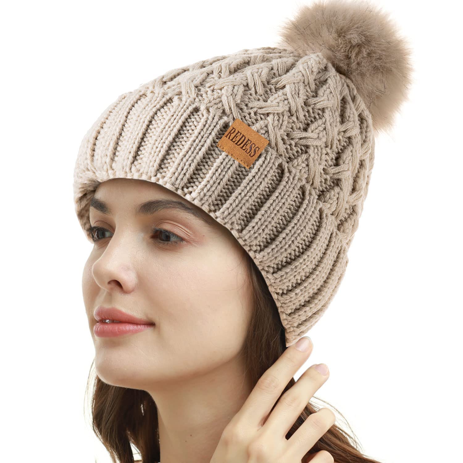 REDESS Cappello Invernale da Donna con Pompon con Pompon Cappelli Caldi Foderati in Pile, Berretto Incrociato in Maglia di Neve Spessa e Morbida per Le Signore