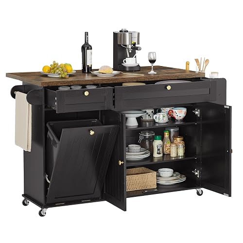 60' Kitchen Island with Trash Can Storage, Black+Rustic Brown | Kitchen Island Cart with Power Outlet & Drop Leaf, Stora
