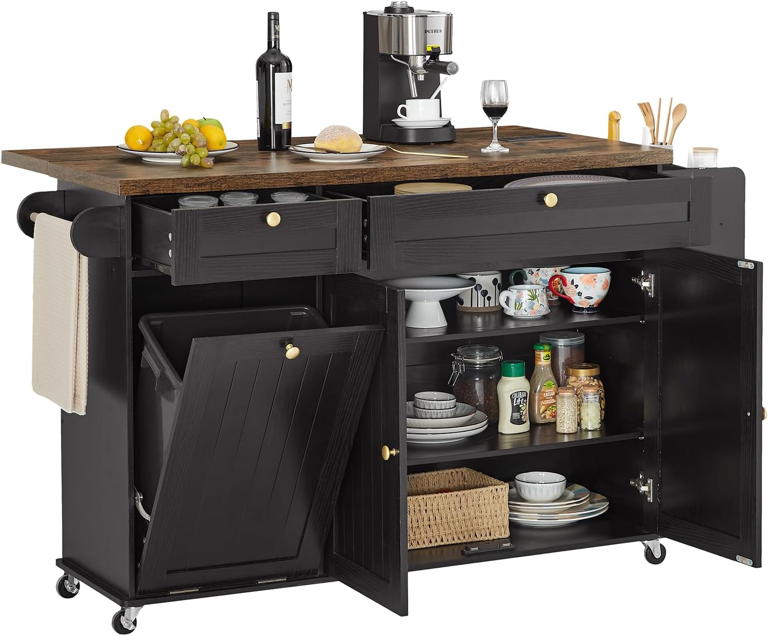 ONBRILL 60" Mobile Kitchen Island Cart with Drop Leaf, Power Outlet, Spice Rack, Towel Rack & Trash Cabinet - Rolling Storage Island