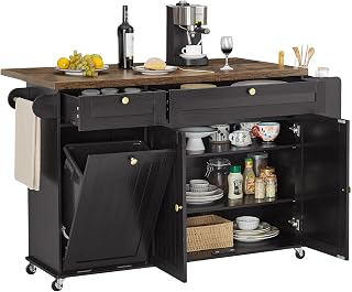 ONBRILL 60" Mobile Kitchen Island with Power Outlet, Drop Leaf, Spice Rack, Towel Rack & Trash Cabinet - Rolling Cart Table