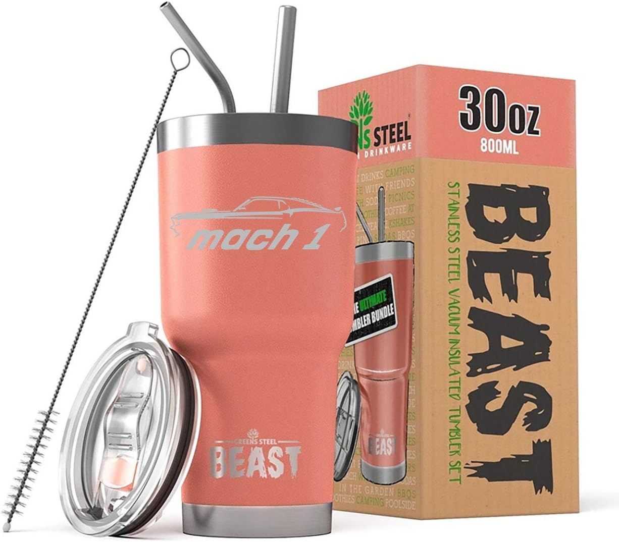1969 Mach 1 Mustang Beast 20 oz Stainless Steel Insulated Tumbler w/Lid, 2 Straws, Brush and Gift Box black