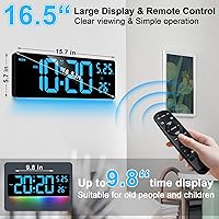 Vista 3 de Reloj digital de 16.5 pulgadas, pantalla grande con control remoto, reloj de pared digital de 6 colores con alarma dual, temperatura, DST