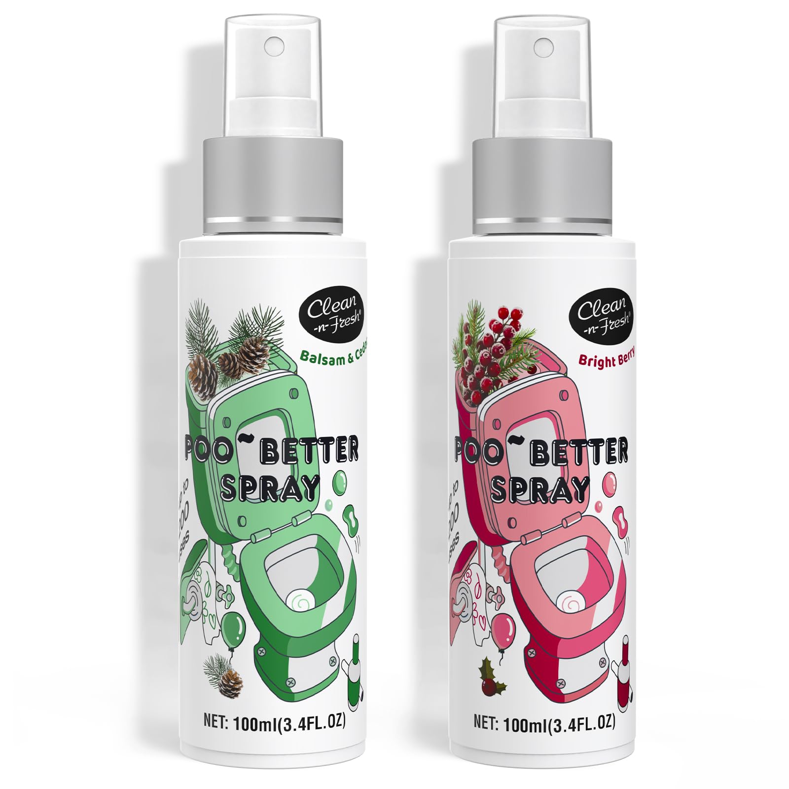 Clean-n-Fresh Toilet Spray, Holiday Pack Gift Set - 6.8 Fl Oz Balsam &amp; Cedar and Bright Berry, Bathroom Odor Deodorizer, Up to 400 Uses