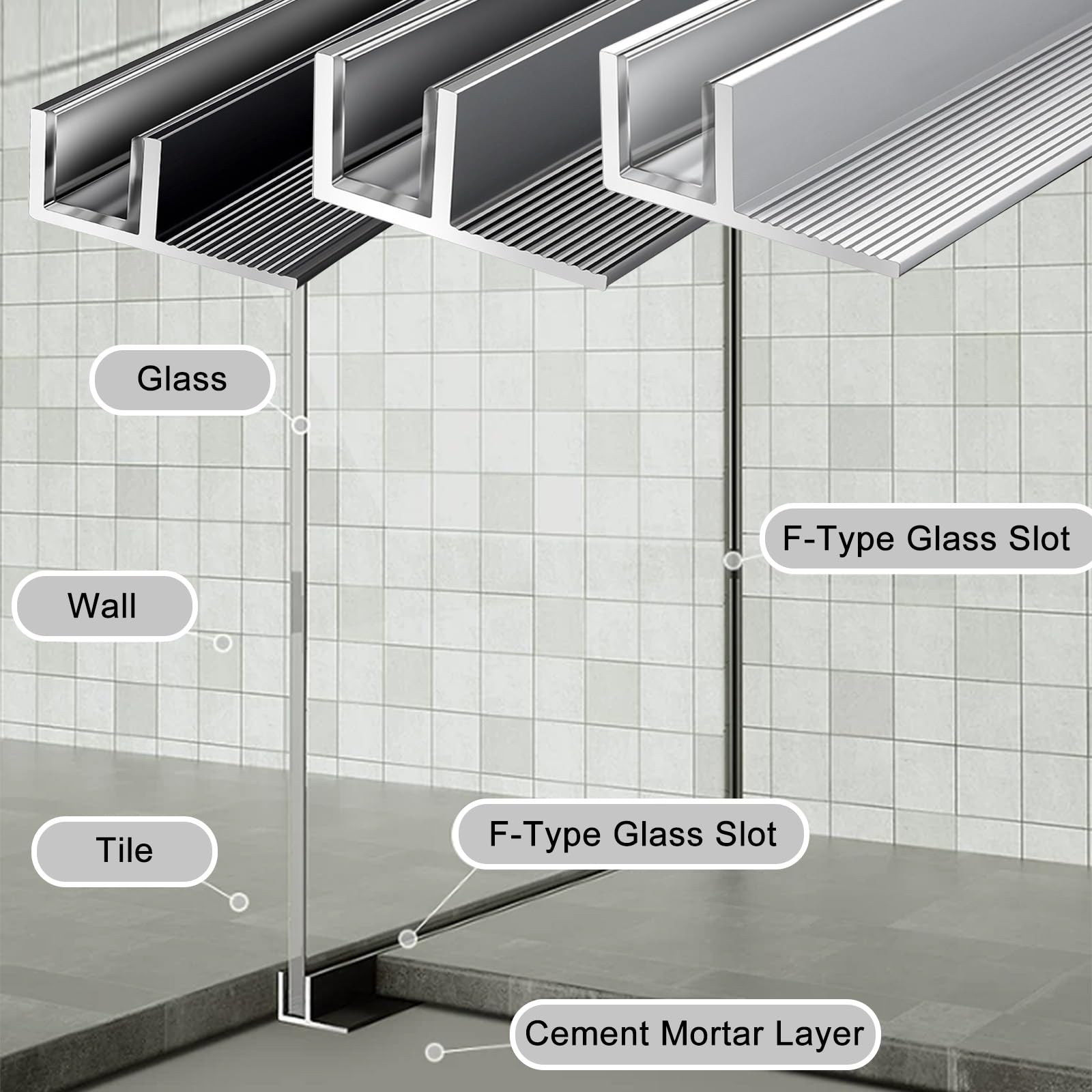 Binario fisso per porta della doccia, 10 mm, divisorio in vetro senza cornice, guida inferiore per bagno, balcone, scala, profilo in alluminio