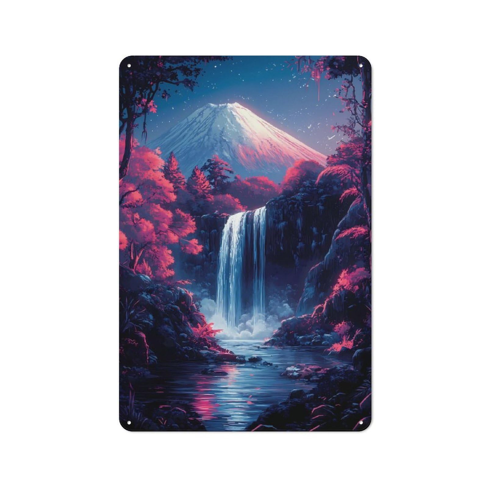 Distressed Look Mountain Fuji Waterfall Night Japanese Cherry Blossom Decorative Tin Sign 30x20cm, Vintage Wall Decor for Lounge, Study, Pub Or Wall Gallery